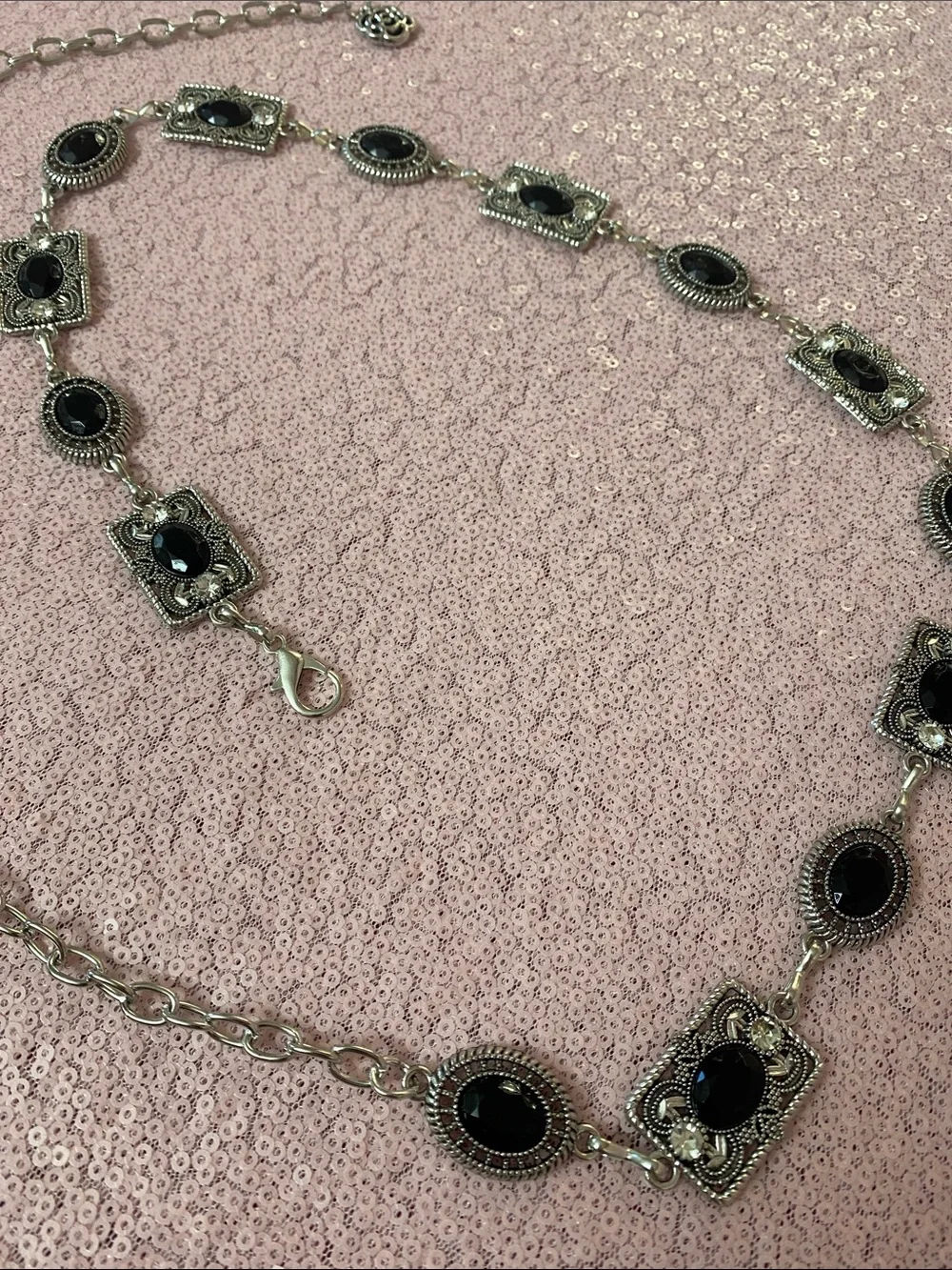 Silver tone and black chain belt #487